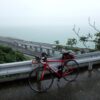 霧の中、海沿いの高架バイパス道路を見下ろす景色