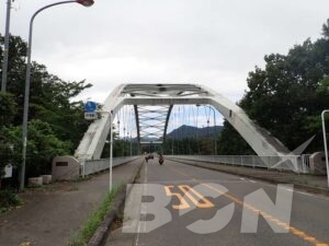 「50」の速度標示があるアーチ橋を渡る道路