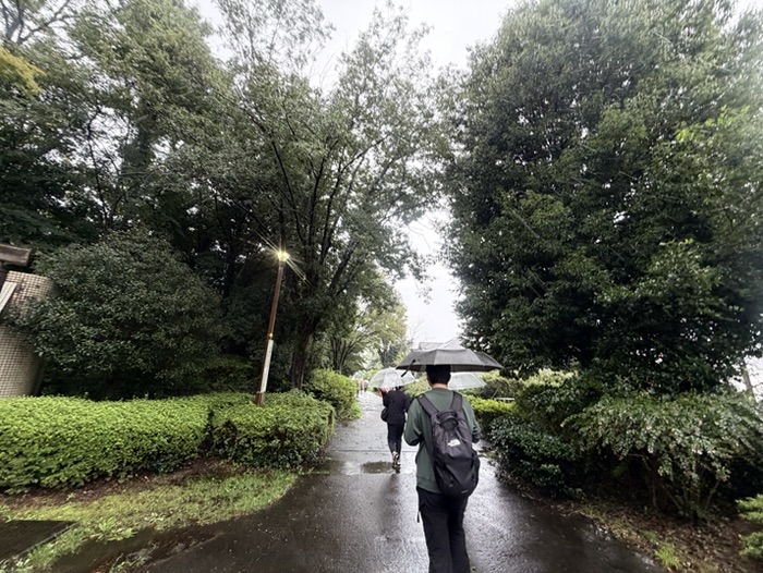 雨の中、木々に囲まれた遊歩道を傘をさして競技場へ向かう人たち